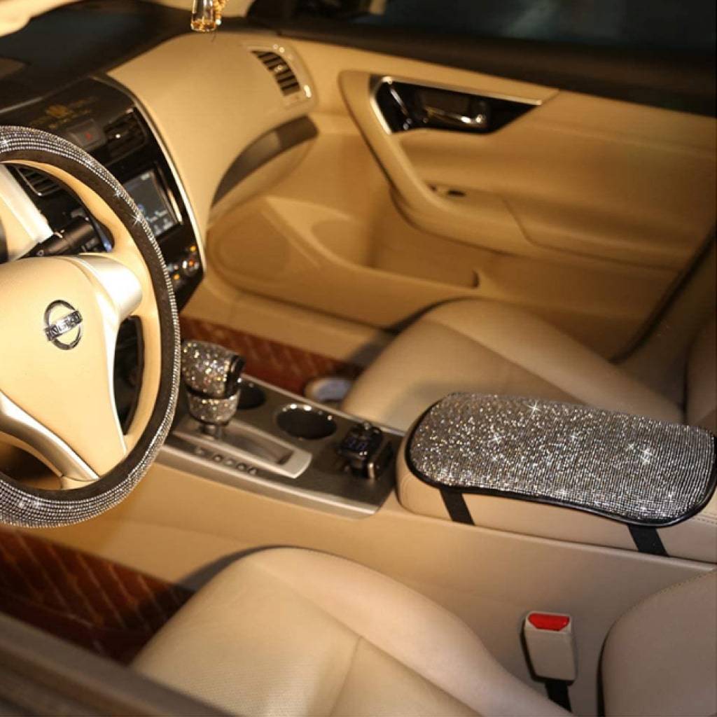 White Bling Rhinestone Center Console Cover Interior Accessories White Bling Rhinestone Center Console Cover Interior Accessories